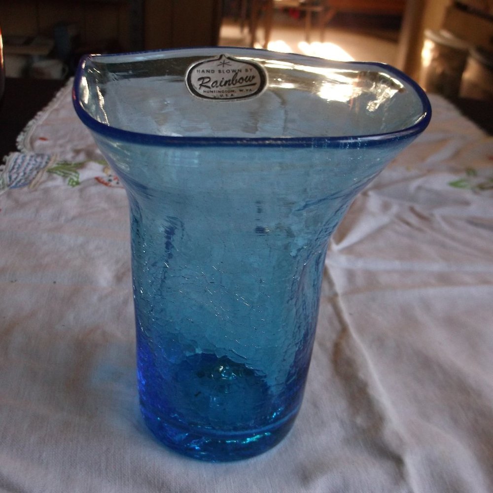vintage blown glass crackel vase  rainbow glass